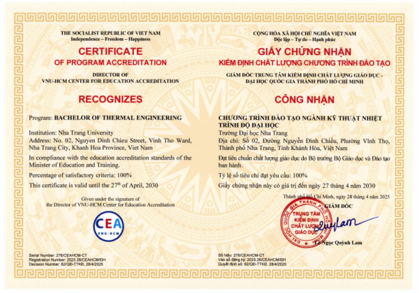 Bộ môn Kỹ thuật Nhiệt Lanh, Khoa Cơ khí đạt GIẤY CHỨNG NHẬN KIỂM ĐỊNH CHẤT LƯỢNG chương trình đào tạo trình độ Đại học! 