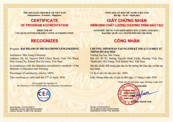 NGÀNH KỸ THUẬT CƠ ĐIỆN TỬ TRÌNH ĐỘ ĐẠI HỌC CHÍNH THỨC ĐƯỢC CÔNG NHẬN ĐẠT TIÊU CHUẨN KIỂM ĐỊNH CHẤT LƯỢNG