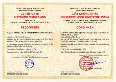 NGÀNH KỸ THUẬT CƠ ĐIỆN TỬ TRÌNH ĐỘ ĐẠI HỌC CHÍNH THỨC ĐƯỢC CÔNG NHẬN ĐẠT TIÊU CHUẨN KIỂM ĐỊNH CHẤT LƯỢNG